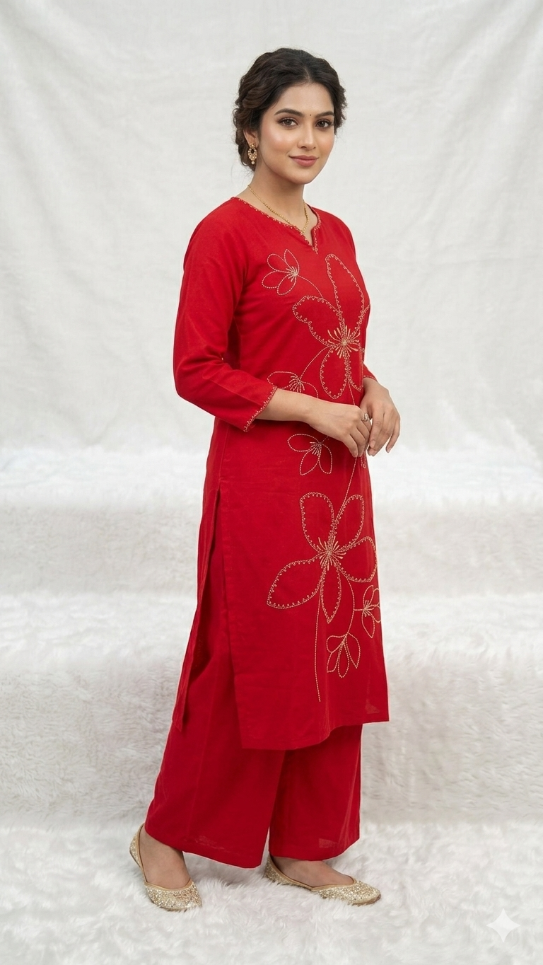 Red Floral Embroidered Kurta Palazzo Set