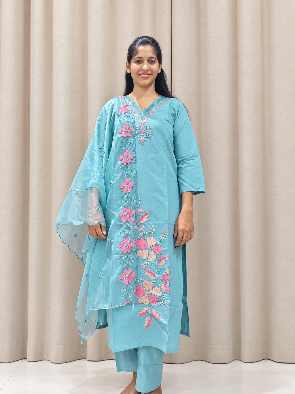 Pastel Aqua Glass Silk Embroidered Kurta Set with Netted Dupatta