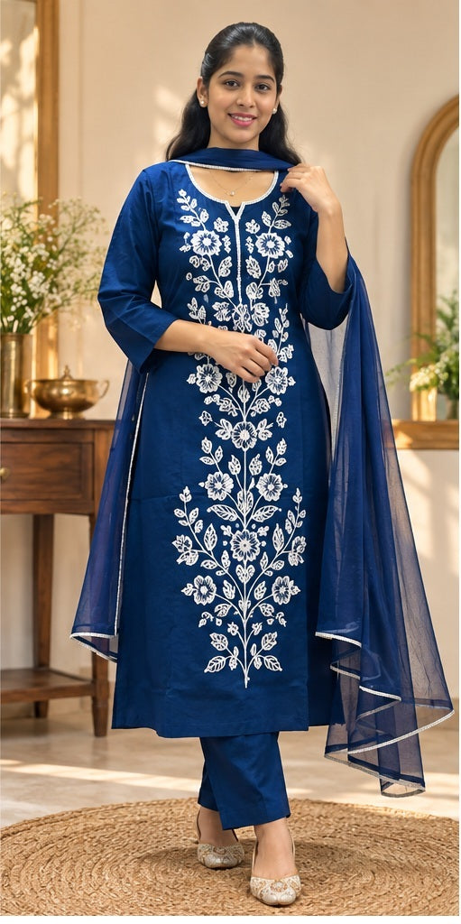 Navy blue floral embroidered kurta set with white embroidery