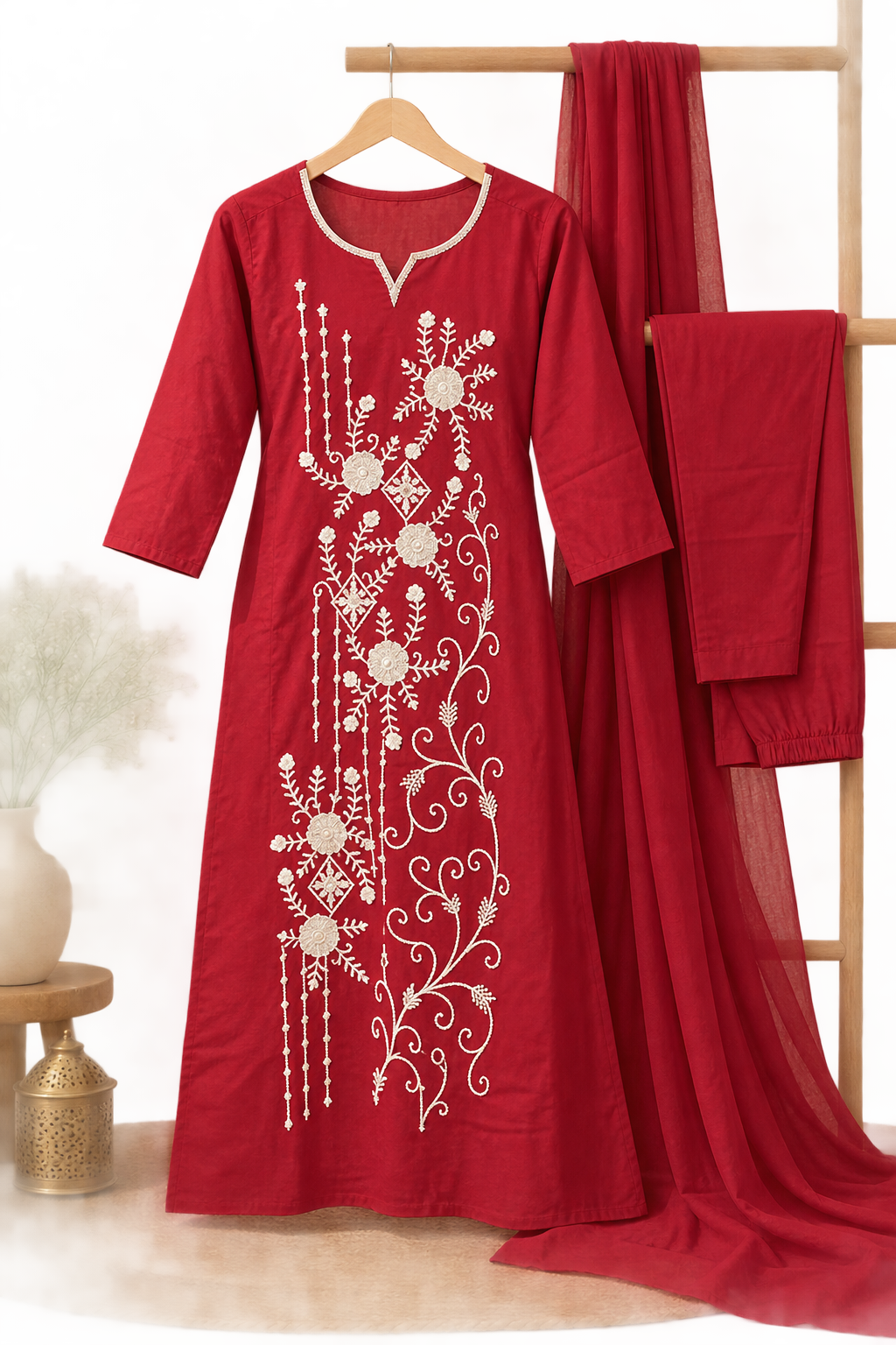 Maroon Floral Embroidered Kurta Set