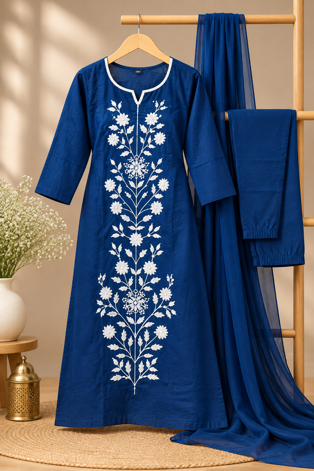 Navy blue floral embroidered kurta set with white embroidery