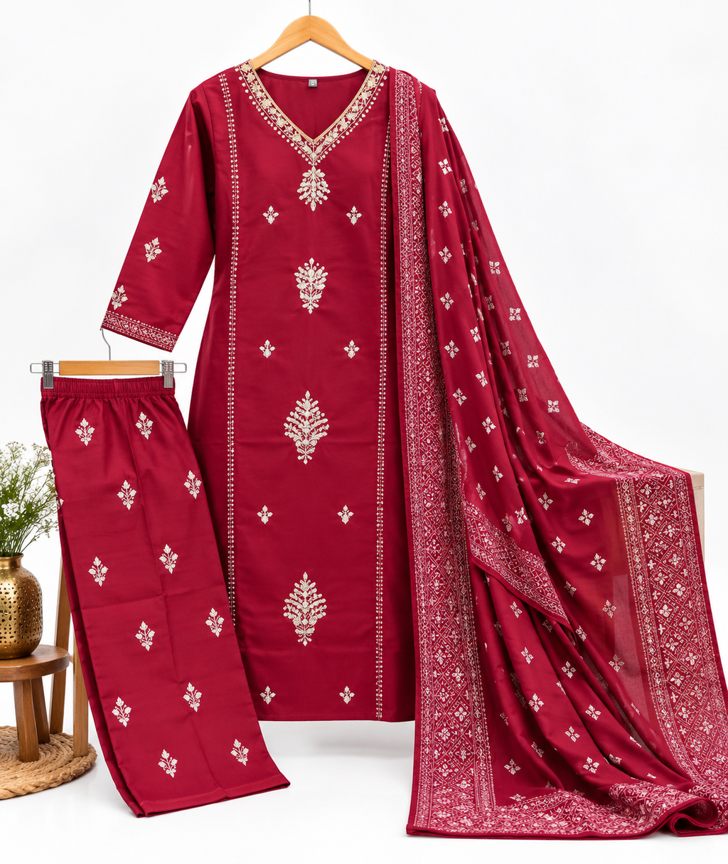Maroon embroidered kurta pant dupatta set for women