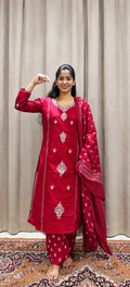 Maroon embroidered kurta pant dupatta set for women