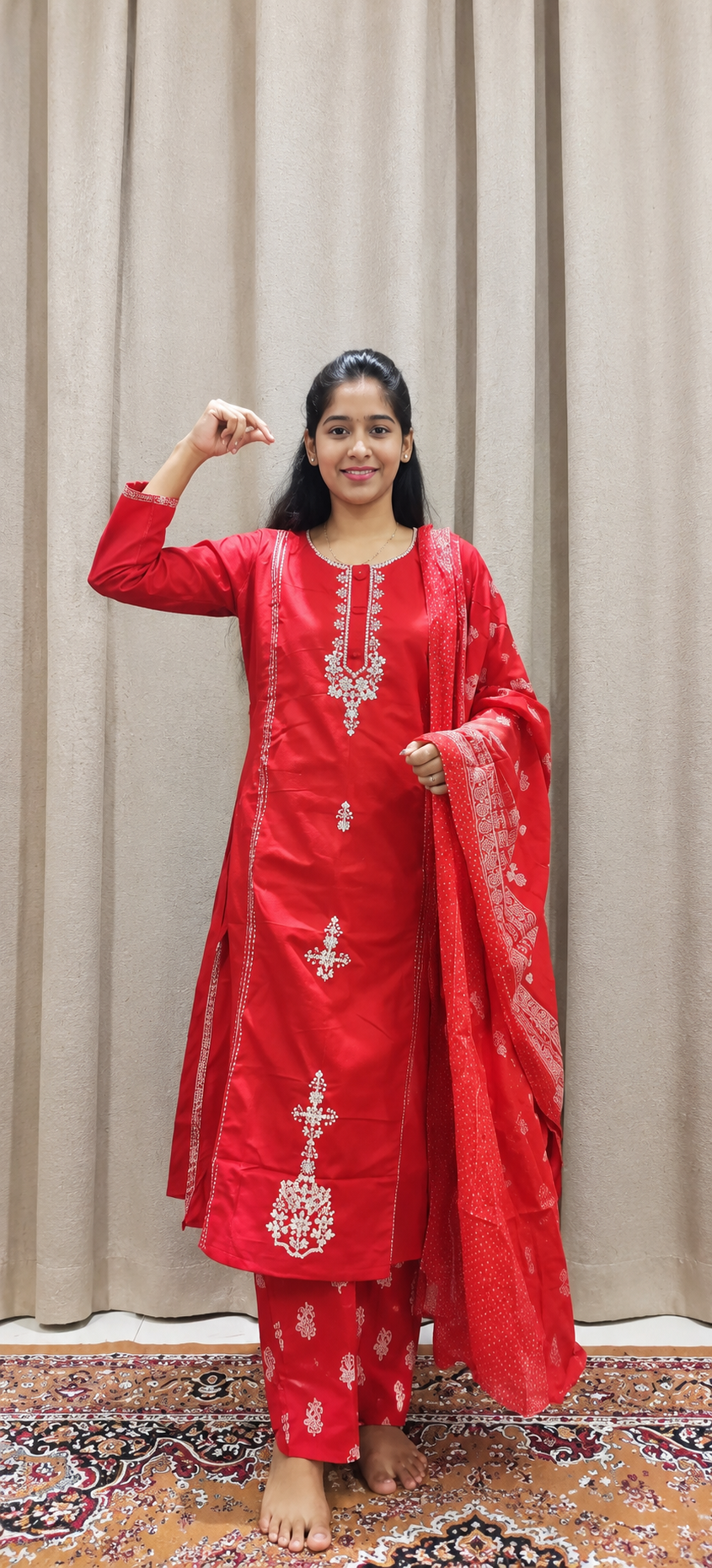 Red embroidered kurta pant dupatta set for women