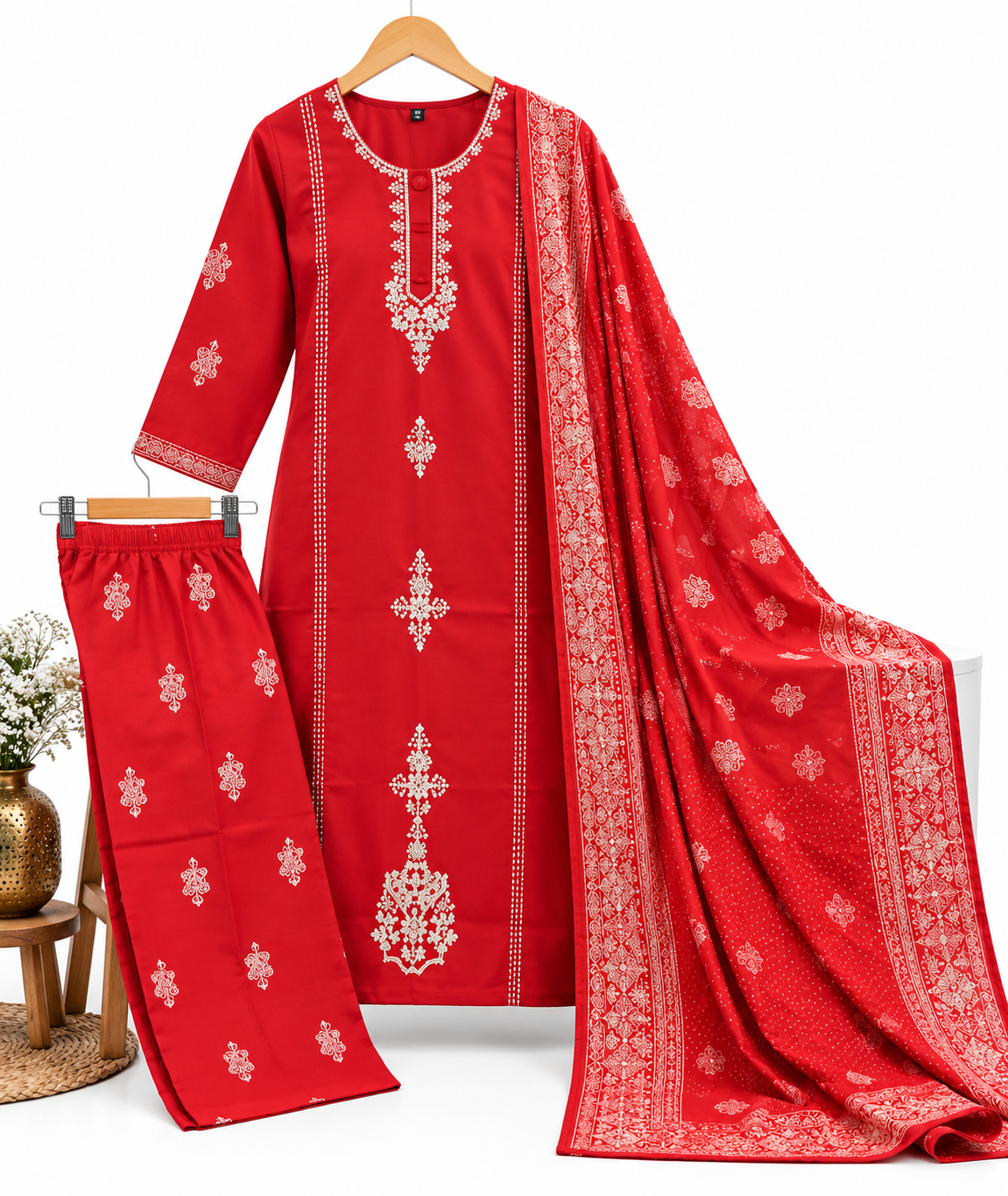 Red embroidered kurta pant dupatta set for women