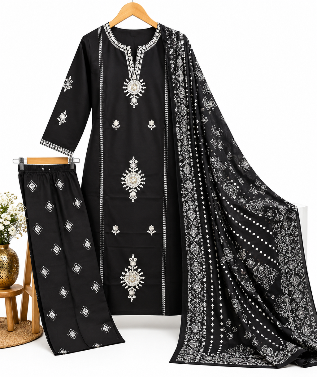 Black Embroidered Kurta Pant Dupatta Set