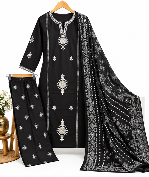 Black Embroidered Kurta Pant Dupatta Set