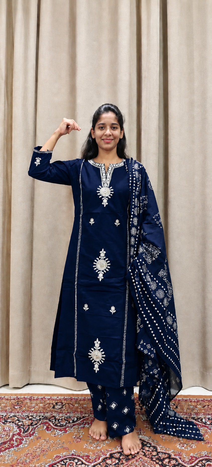 Navy Blue Embroidered Kurta Pant Dupatta Set