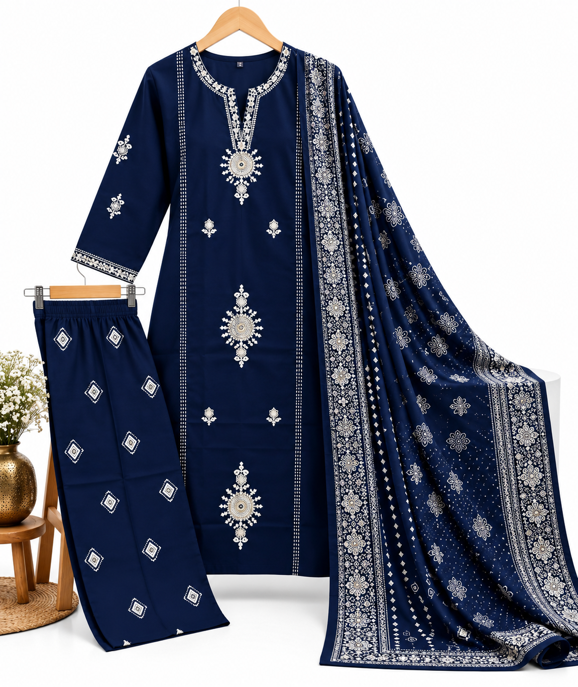 Navy Blue Embroidered Kurta Pant Dupatta Set