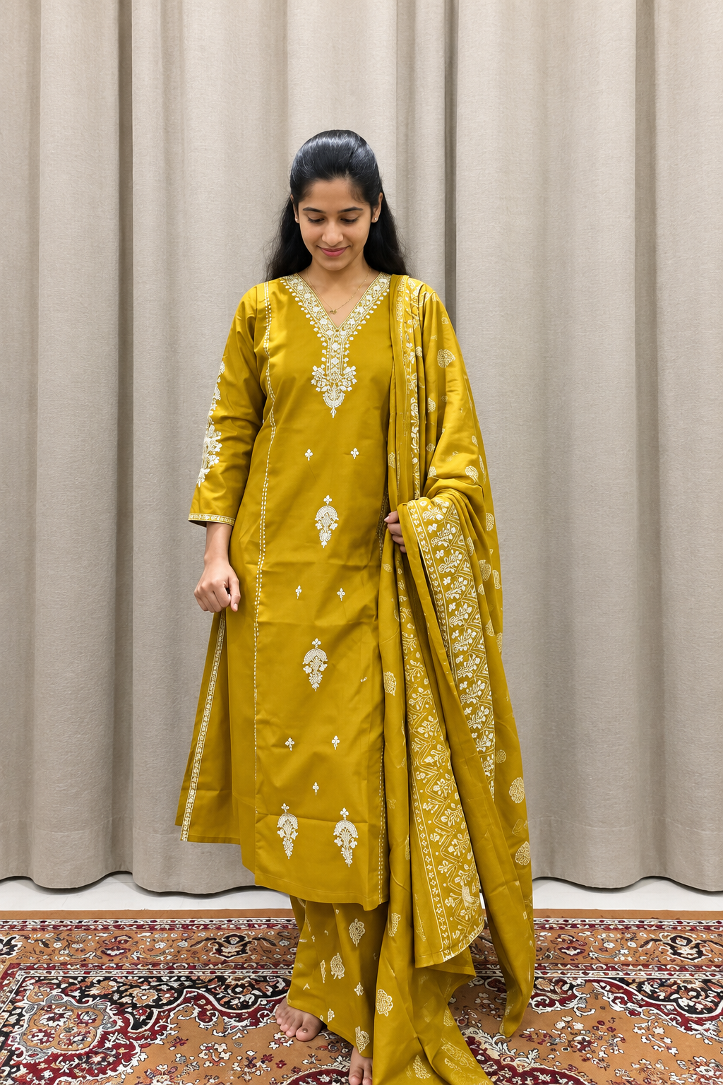 Mustard embroidered kurta pant dupatta set for women