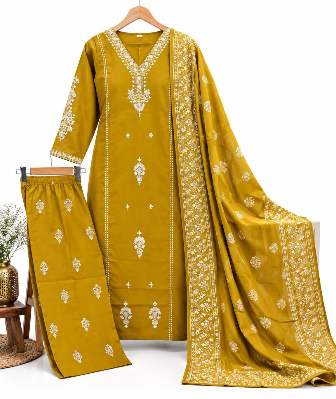 Mustard embroidered kurta pant dupatta set for women