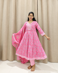 Pink Cotton Velvet Anarkali Kurta Set with Dupatta & Pants