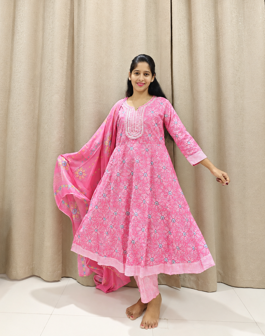 Pink Cotton Velvet Anarkali Kurta Set with Dupatta & Pants