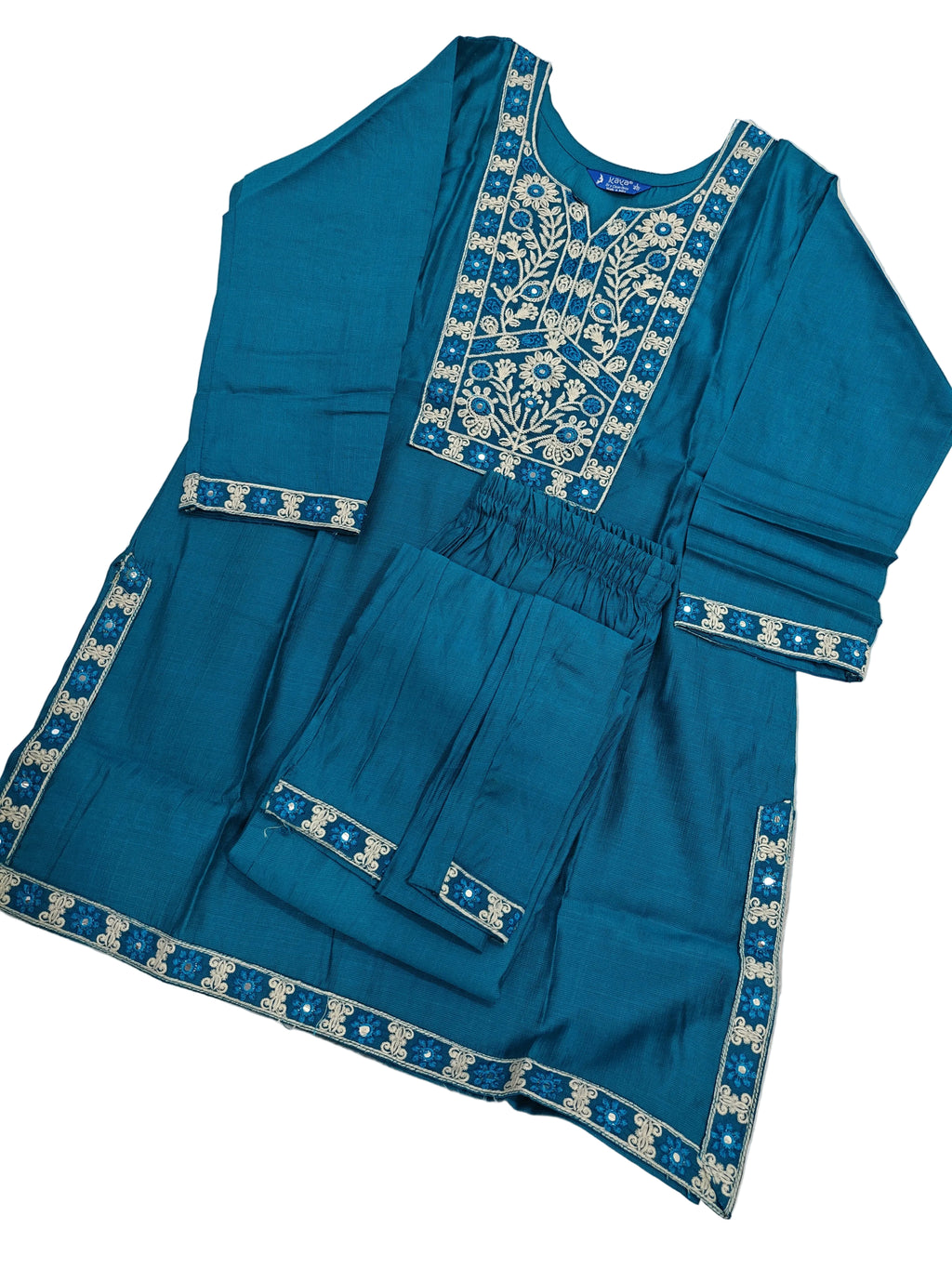 Turquoise Blue Embroidered Short Kurti & Trouser Co-ord Set