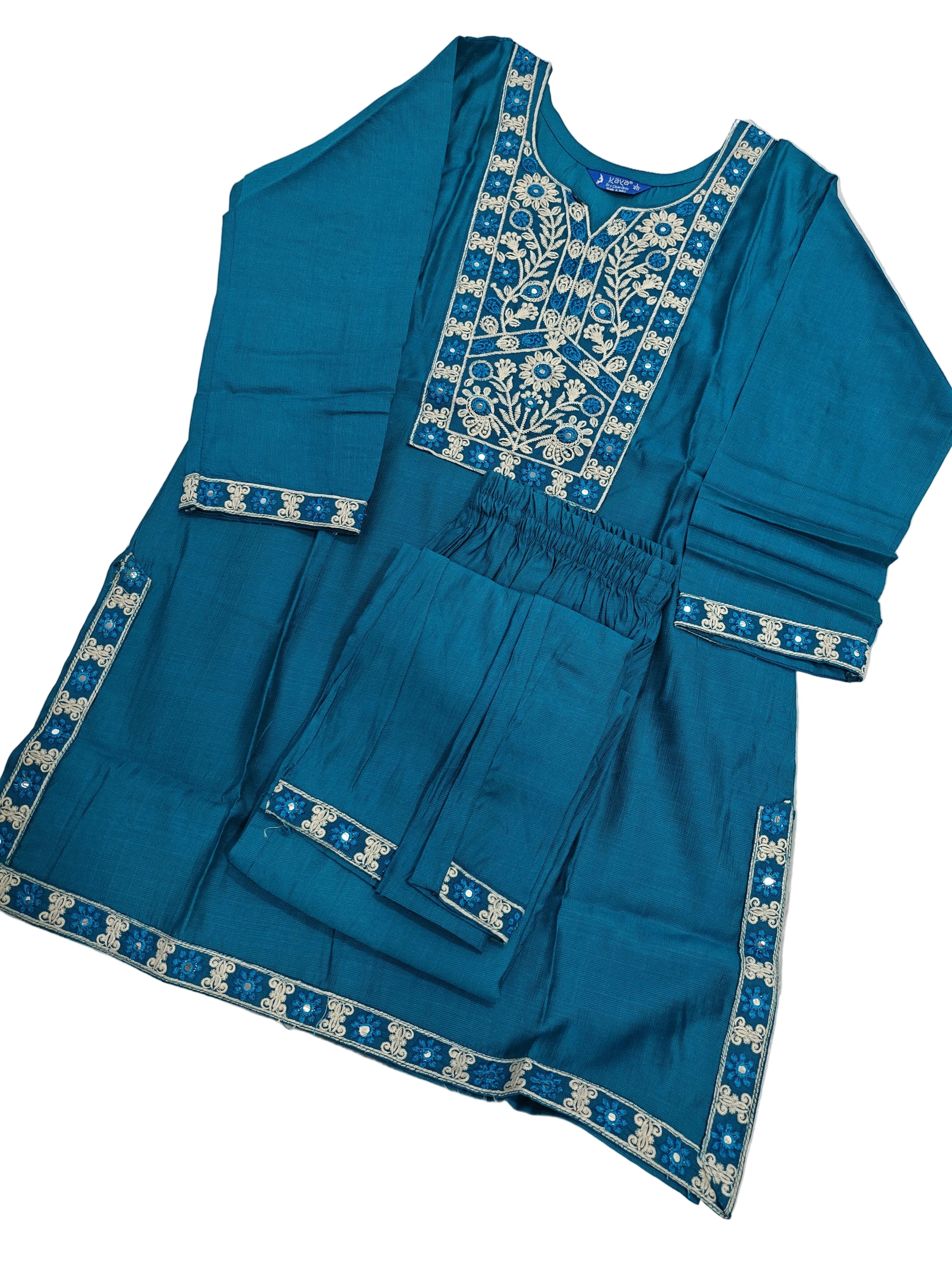 Turquoise Blue Embroidered Short Kurti & Trouser Co-ord Set
