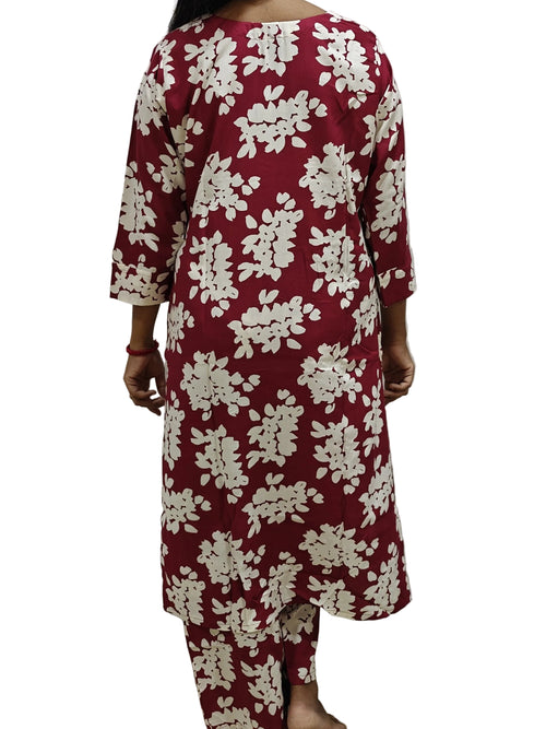 Maroon Floral Printed Straight Kurta Set