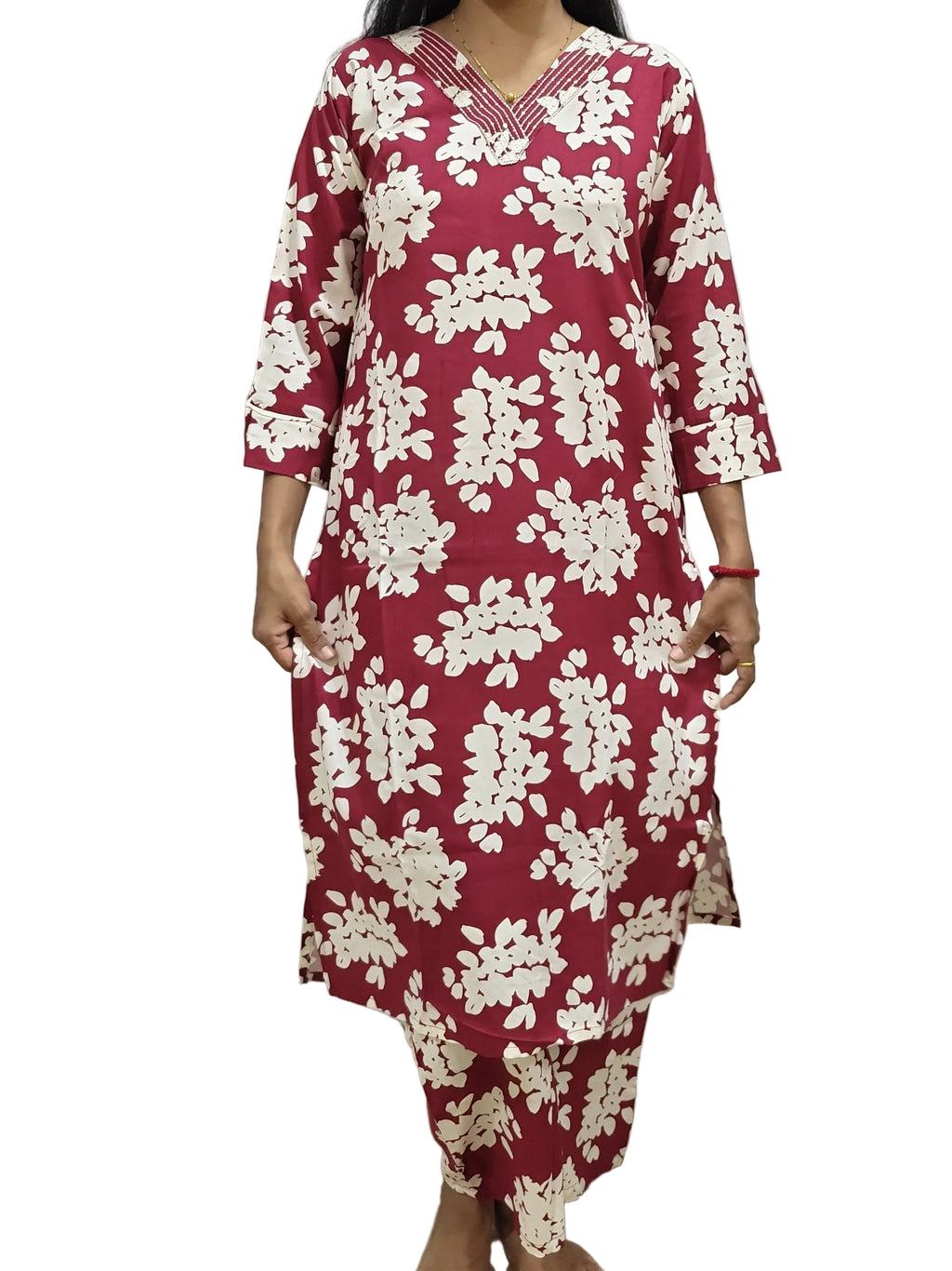 Maroon Floral Printed Straight Kurta Set