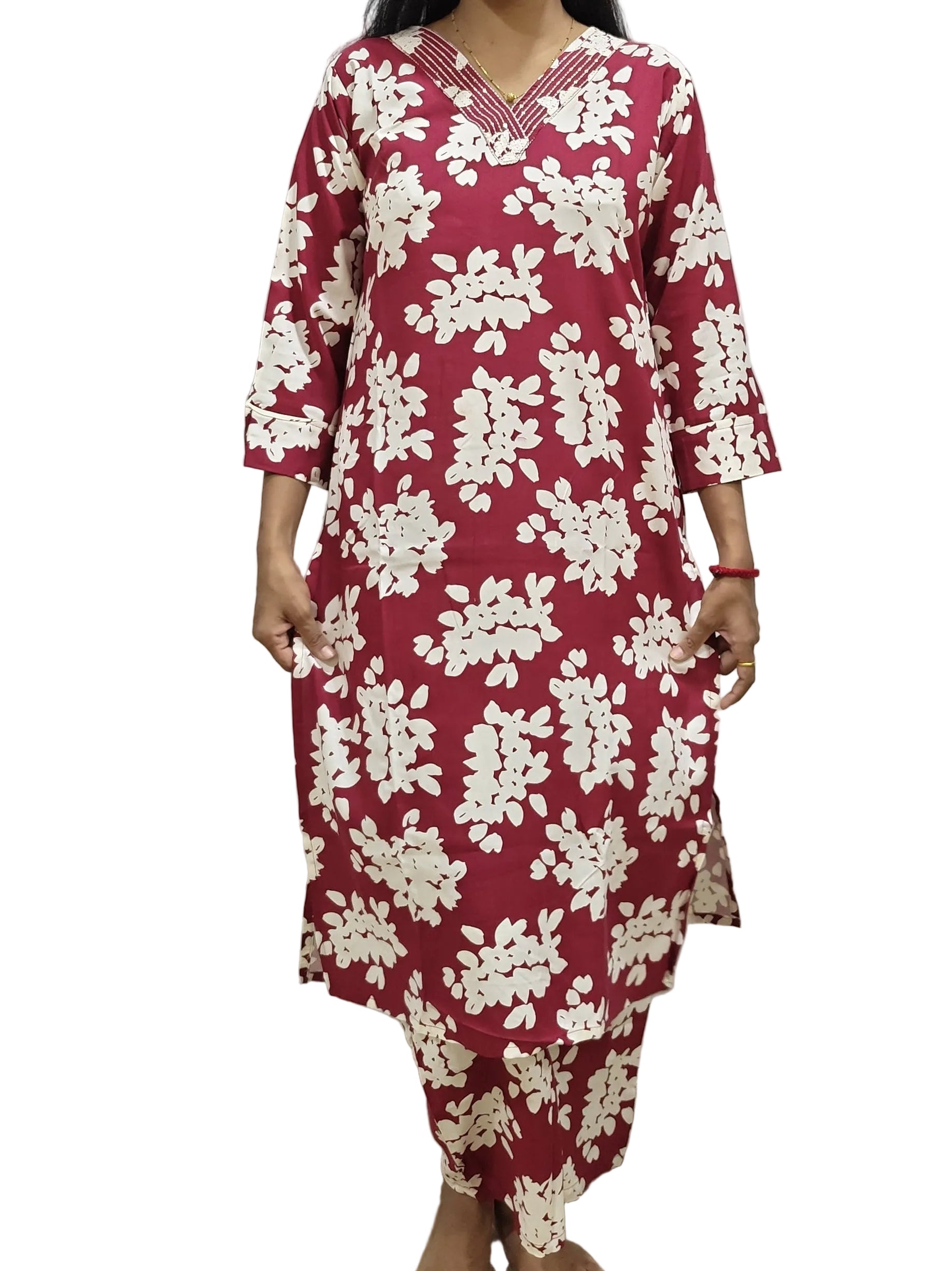 Maroon Floral Printed Straight Kurta Set