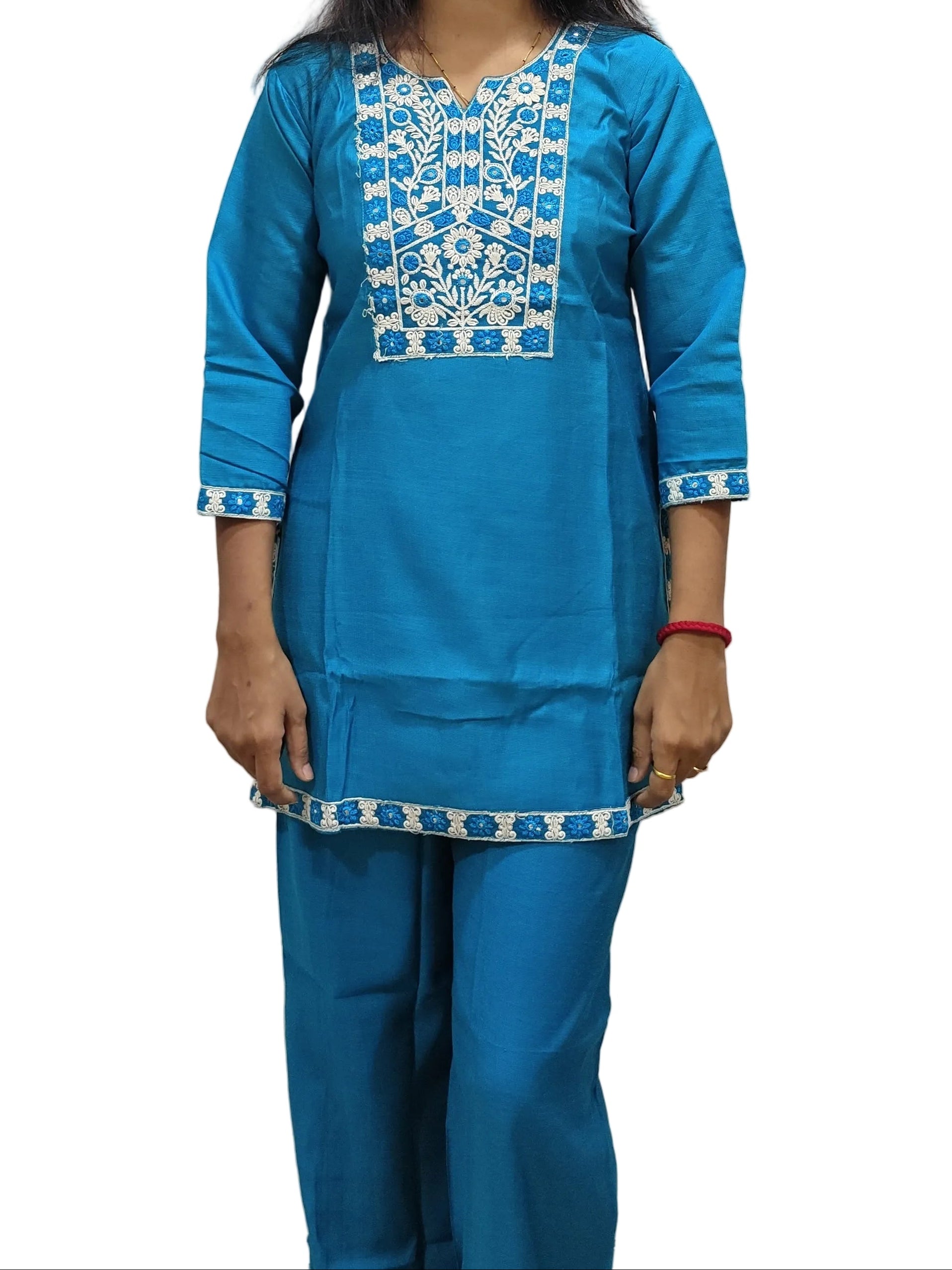 Turquoise Blue Embroidered Short Kurti & Trouser Co-ord Set