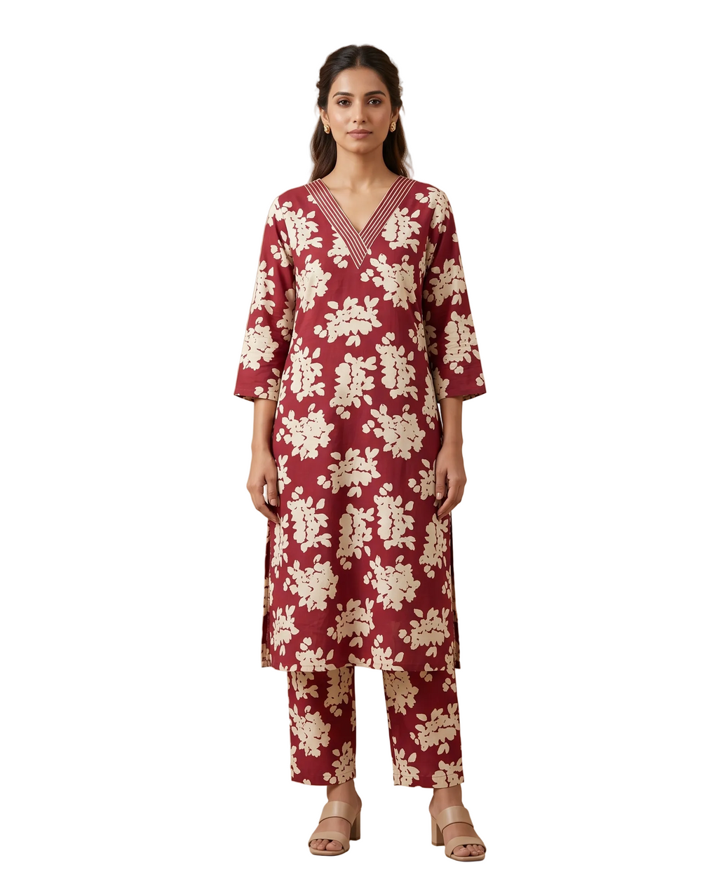 Maroon Floral Printed Straight Kurta Set