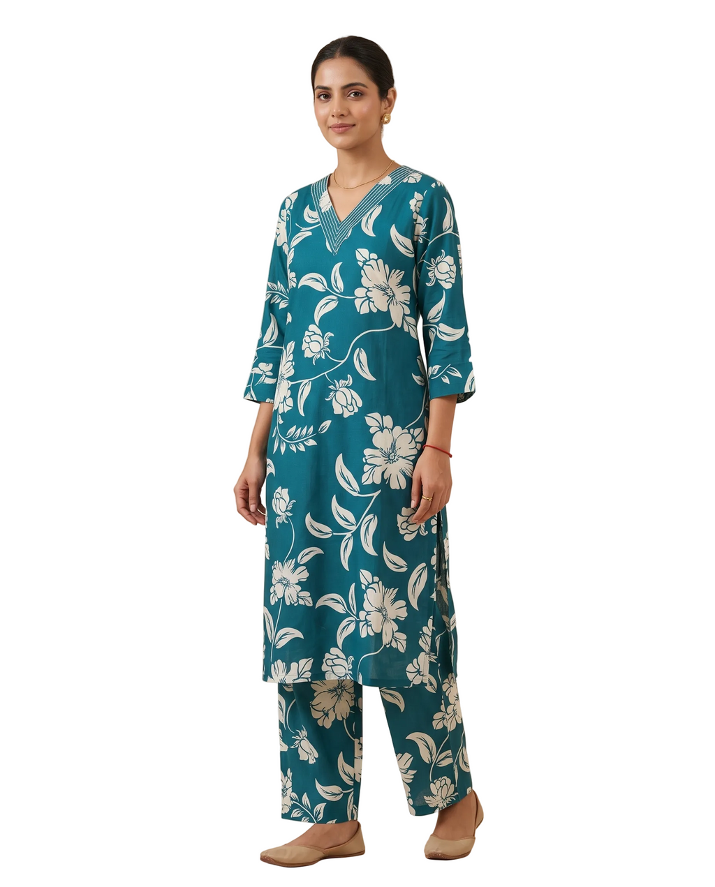 Green Floral Printed Straight Kurta Set