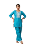 Turquoise Blue Embroidered Short Kurti & Trouser Co-ord Set