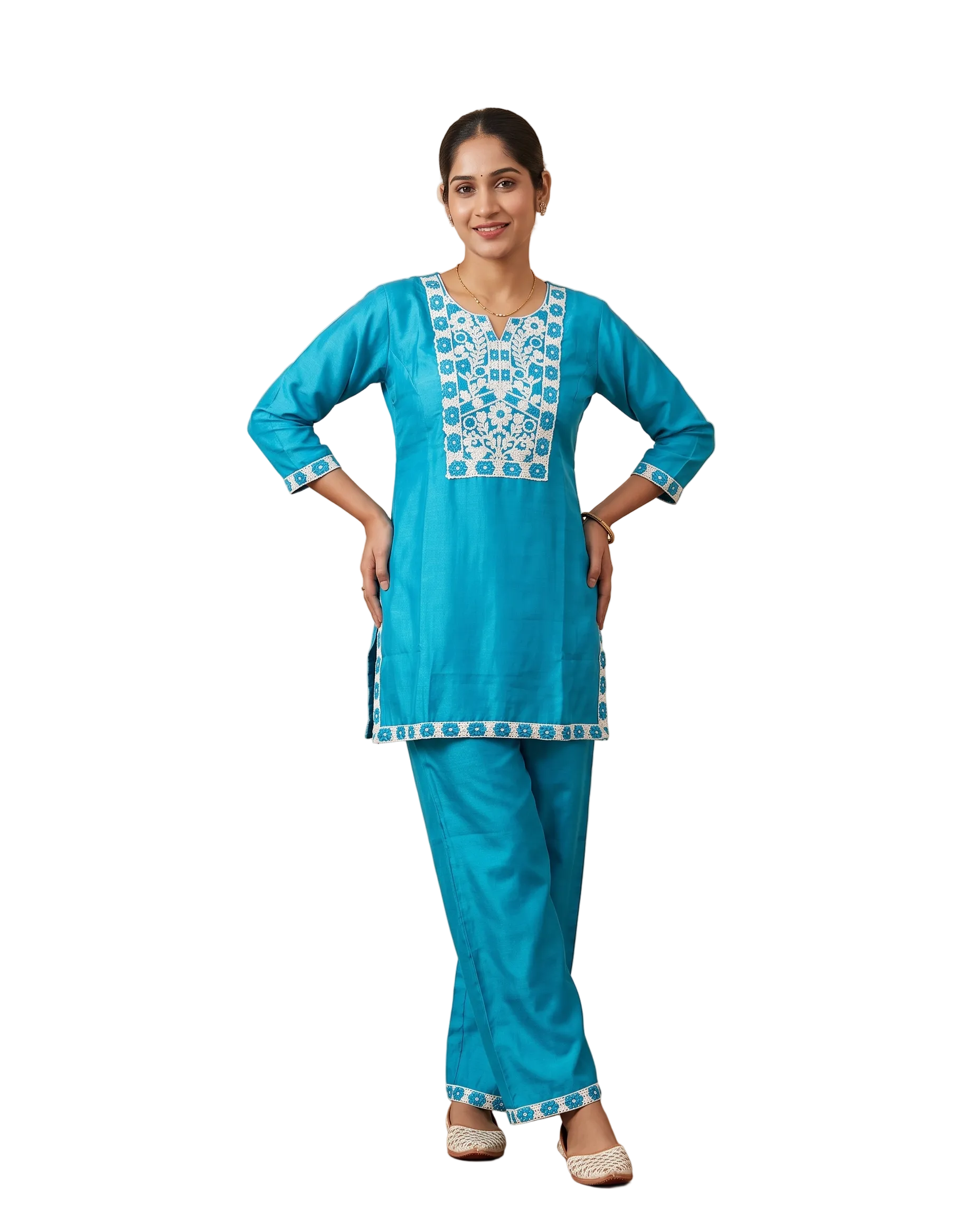 Turquoise Blue Embroidered Short Kurti & Trouser Co-ord Set