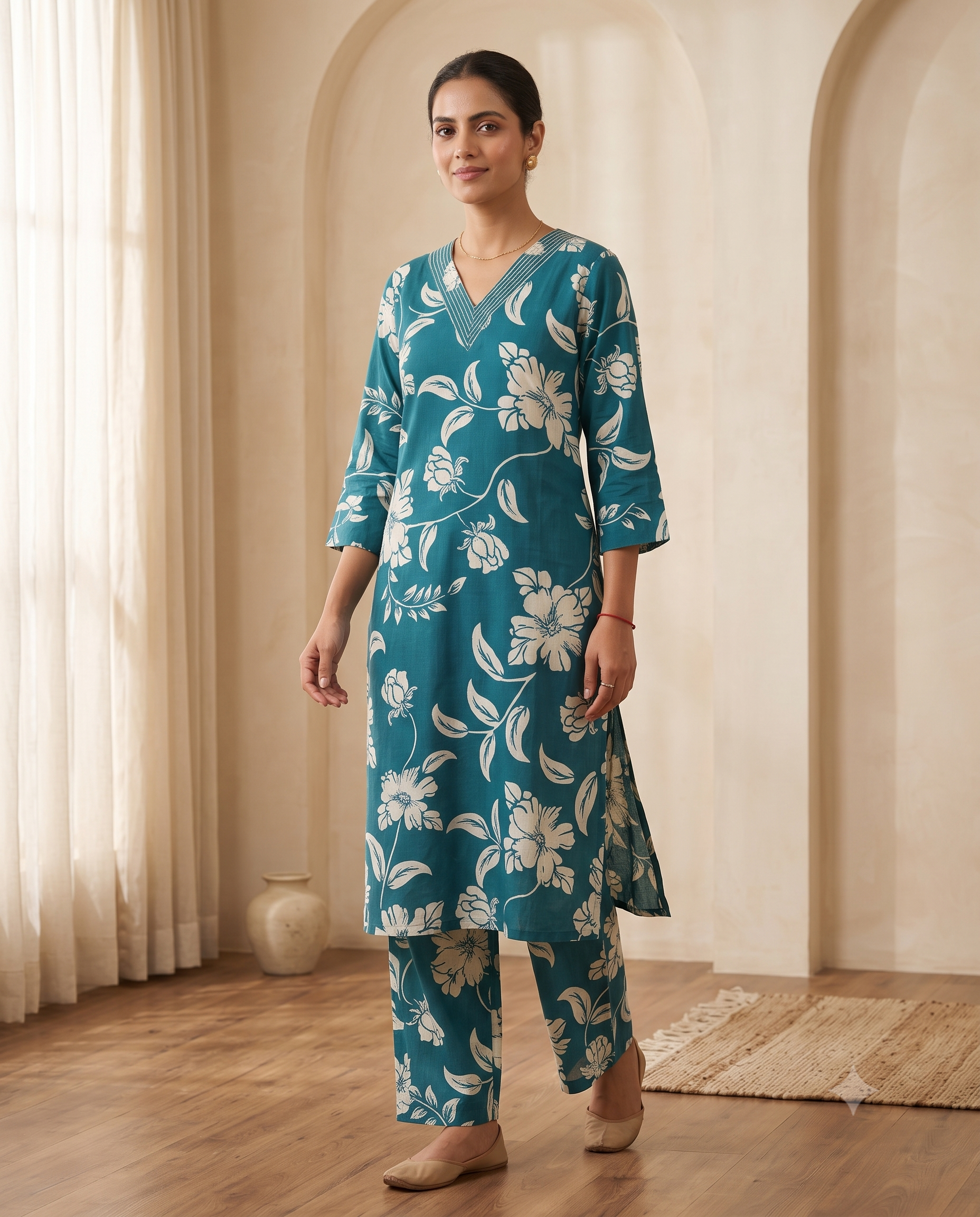 Green Floral Printed Straight Kurta Set