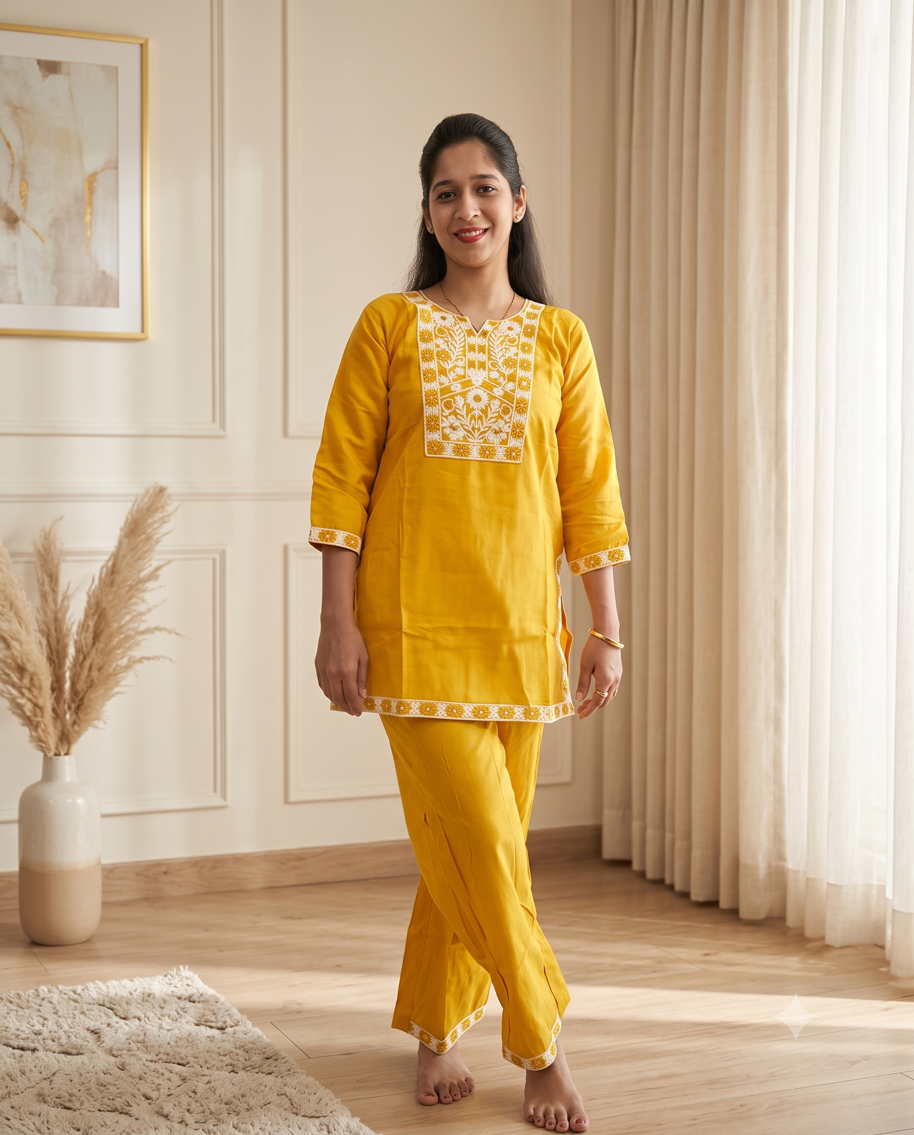 Mustard Yellow Heavy Embroidered Rayon Kurta and Pant Set