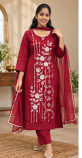 Maroon Floral Embroidered Kurta Set