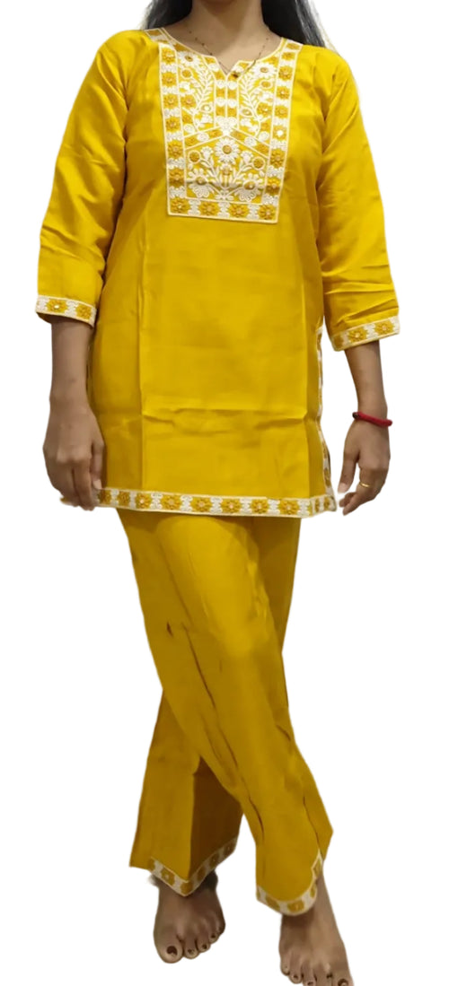 Mustard Yellow Heavy Embroidered Rayon Kurta and Pant Set