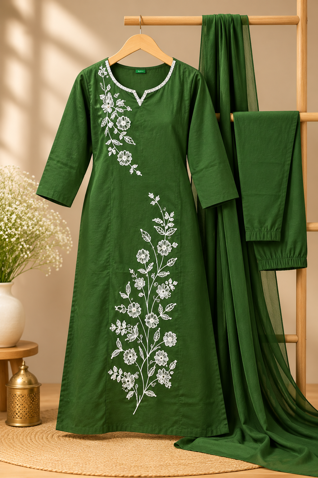 Green floral embroidered kurta set with white embroidery
