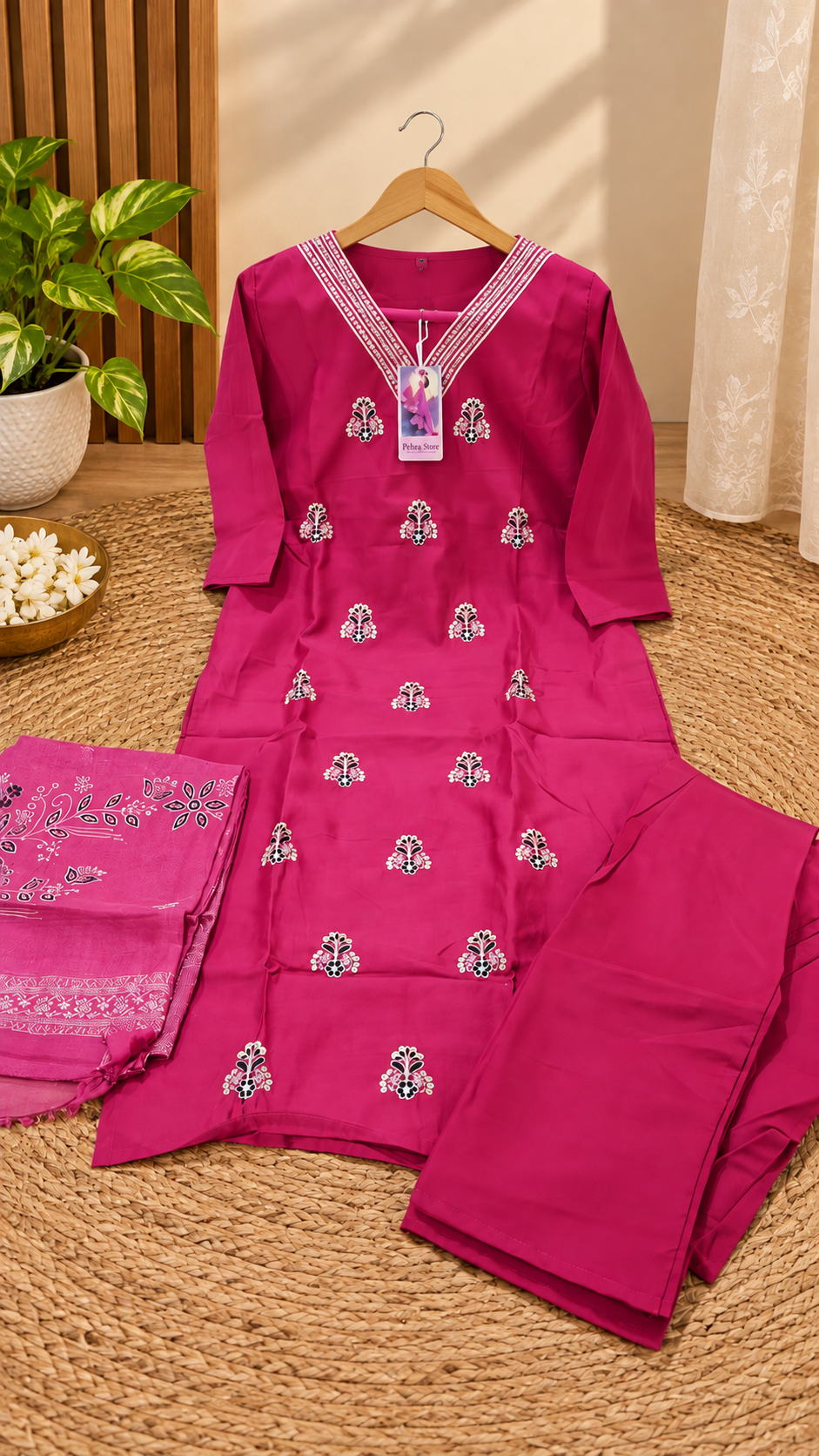 Magenta Mul Cotton Embroidered Kurta Set with Dupatta & Pants
