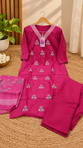 Magenta Mul Cotton Embroidered Kurta Set with Dupatta & Pants