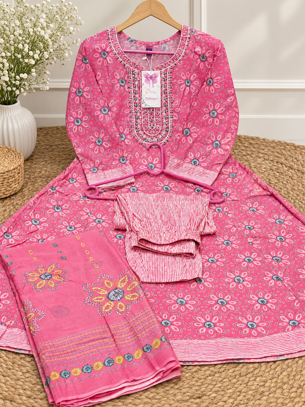 Pink Cotton Velvet Anarkali Kurta Set with Dupatta & Pants