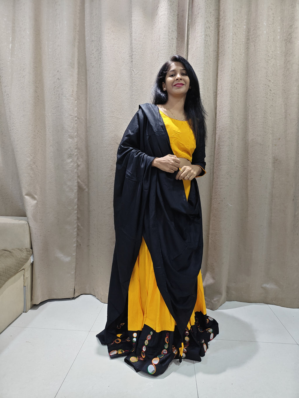 💛🖤 Garbha Ghagra Choli – Mustard & Black Mirror Work