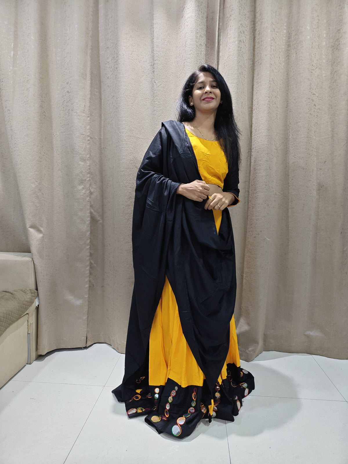 💛🖤 Garbha Ghagra Choli – Mustard & Black Mirror Work