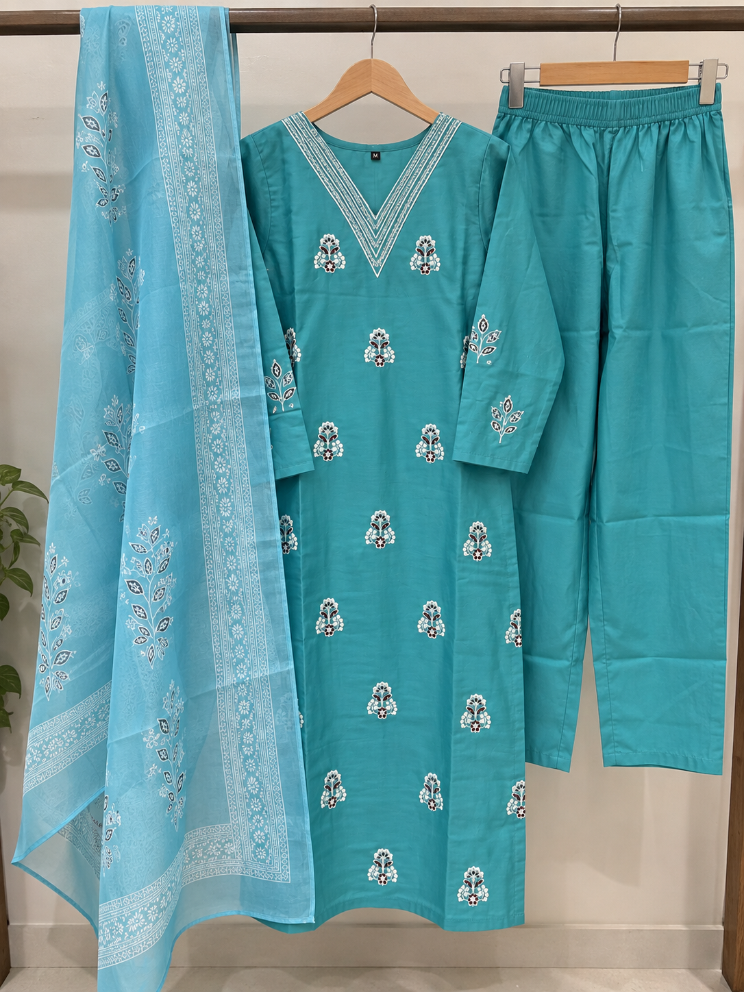 Aqua Blue Mul Cotton Kurta Set with Printed Netted Dupatta