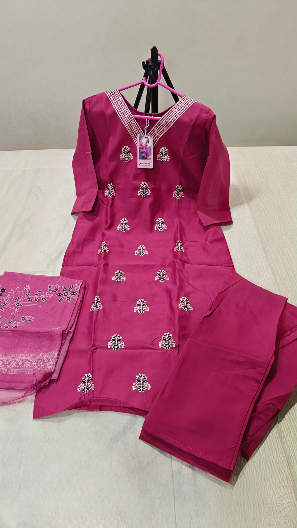 Magenta Mul Cotton Embroidered Kurta Set with Dupatta & Pants