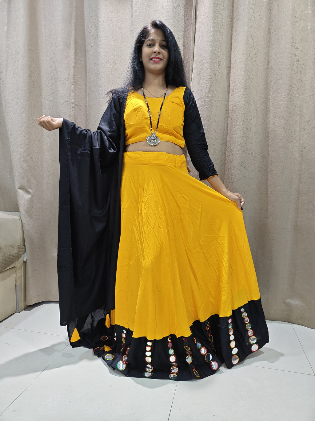 💛🖤 Garbha Ghagra Choli – Mustard & Black Mirror Work