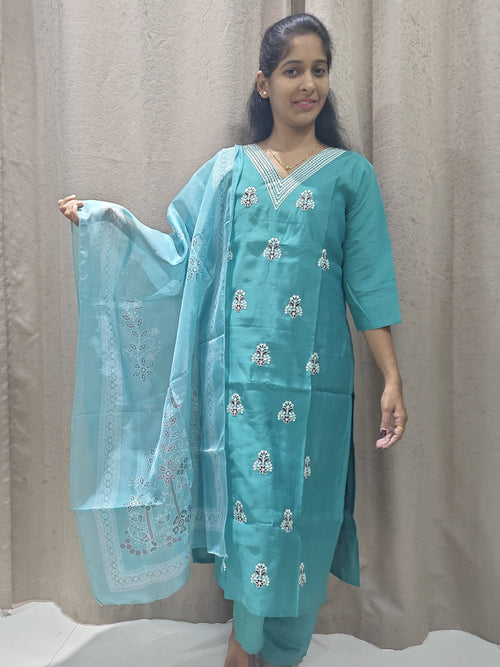 Aqua Blue Mul Cotton Kurta Set with Printed Netted Dupatta