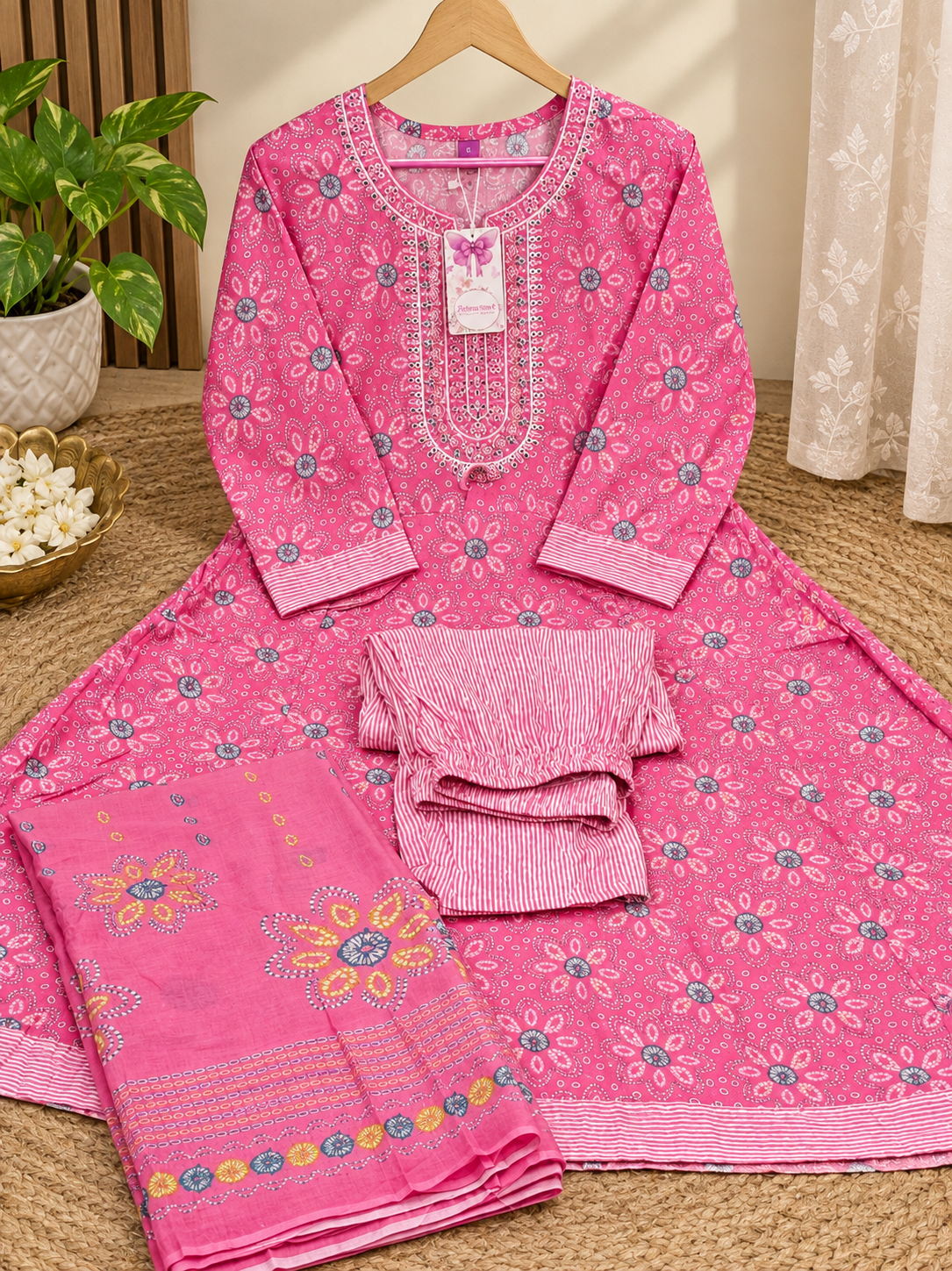 Pink Cotton Velvet Anarkali Kurta Set with Dupatta & Pants