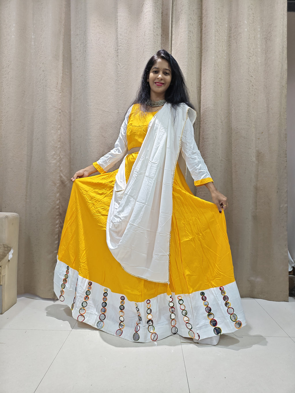 💛🤍 Yellow & White Mirror Work Garbha Ghagra Choli