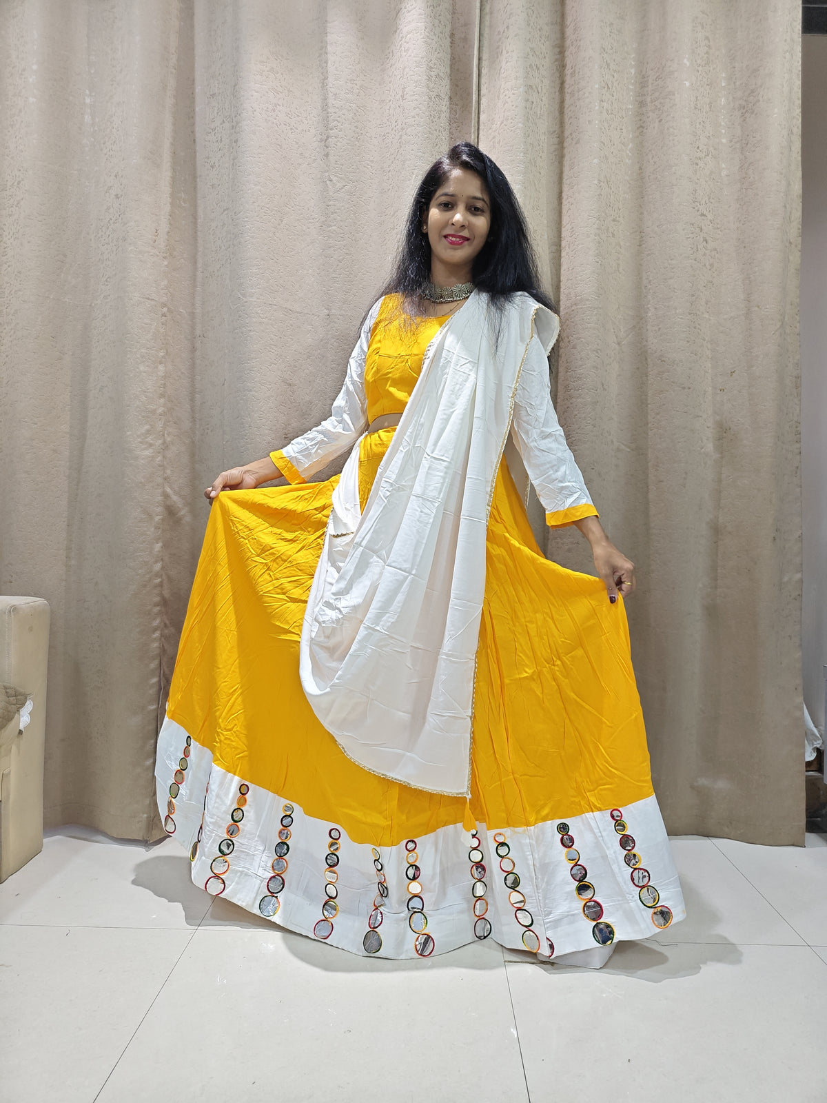 💛🤍 Yellow & White Mirror Work Garbha Ghagra Choli