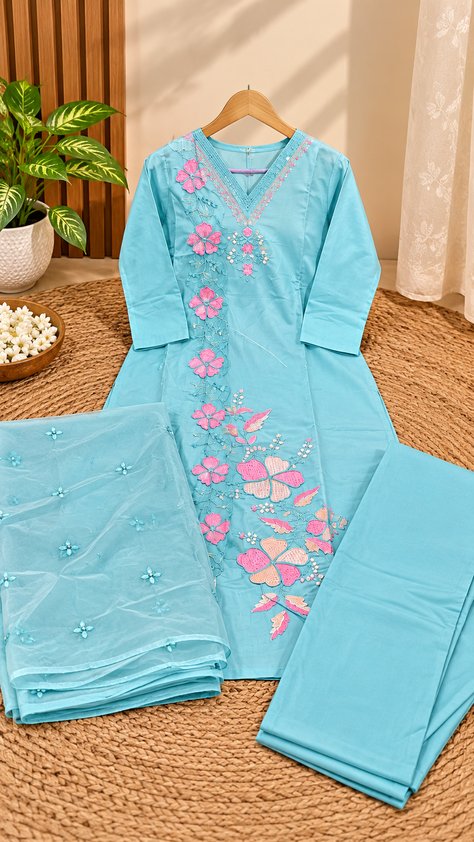 Pastel Aqua Glass Silk Embroidered Kurta Set with Netted Dupatta