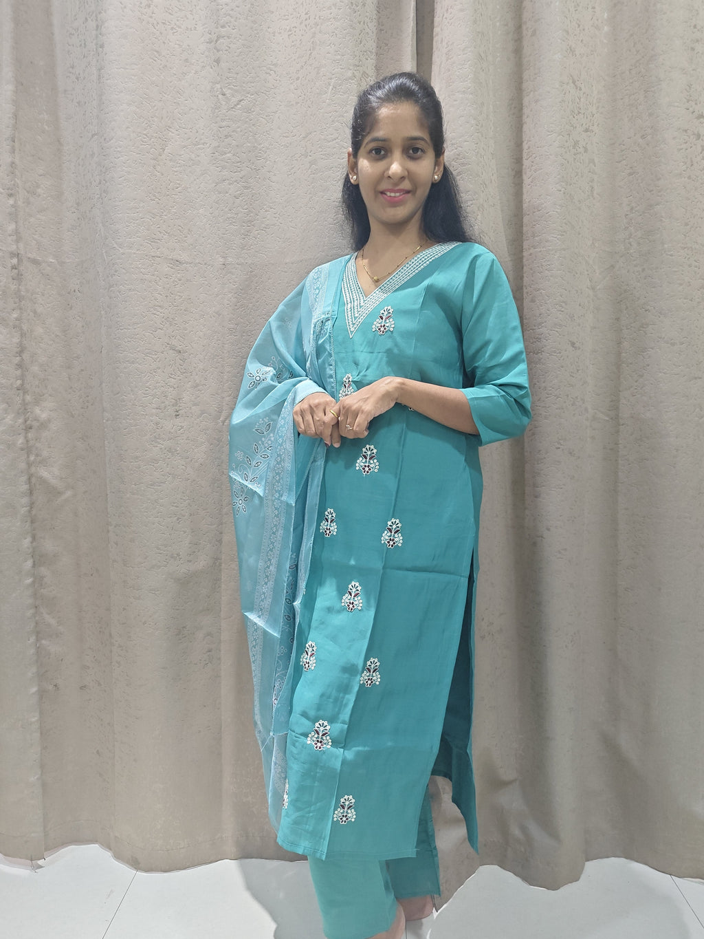 Aqua Blue Mul Cotton Kurta Set with Printed Netted Dupatta